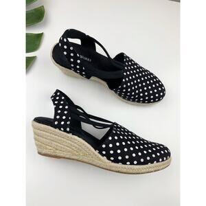 Studio Works Wedge Espadrille Sandals Black White Polka Dot Shoes Women's 8.5